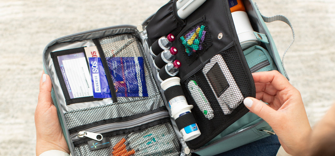An opened seafoam Diabetes Insulted Travel Bag organized with diabetic supplies showing all the different compartments.