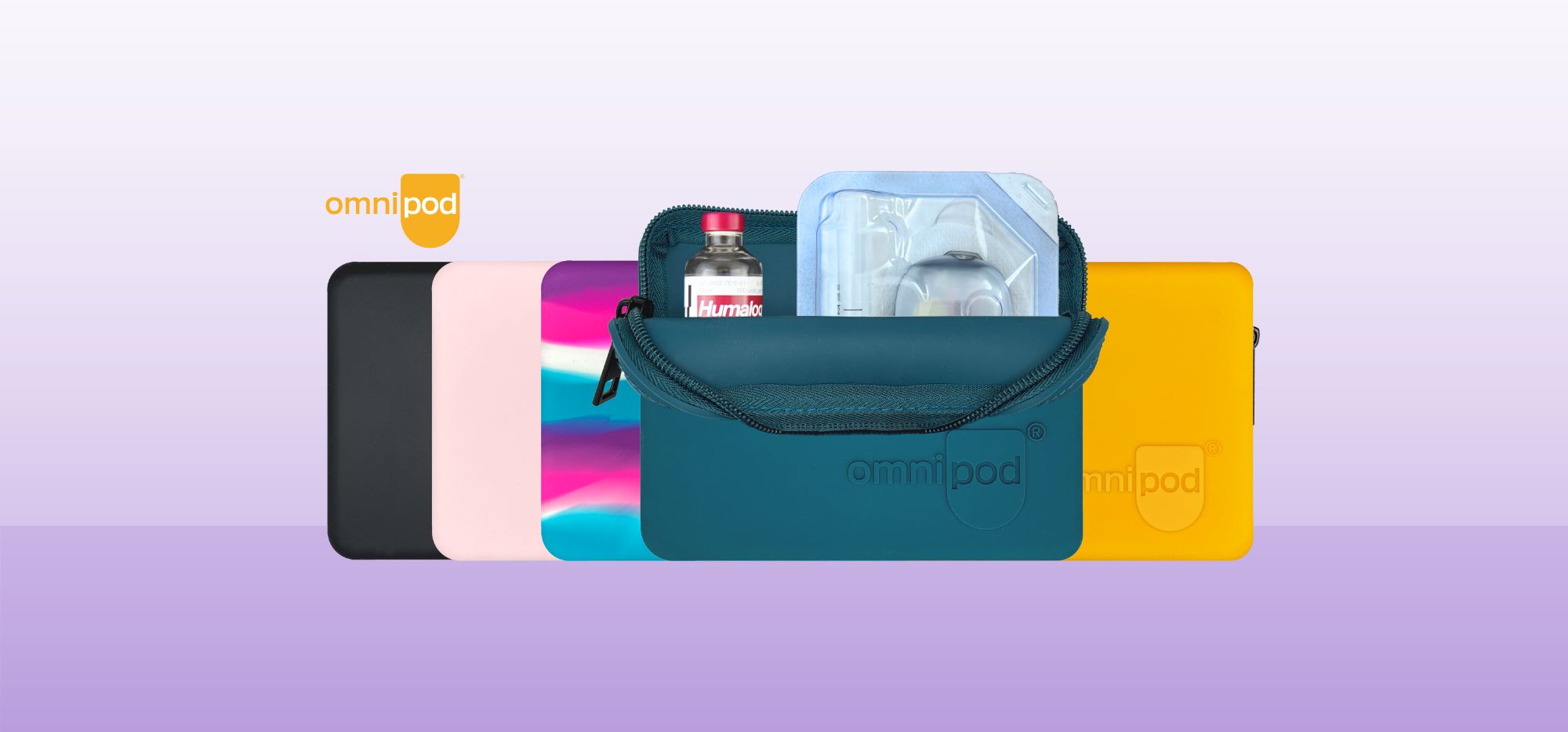 Four Omnipod Diabetes Supply Cases in turquoise, dream, grey and black floral.