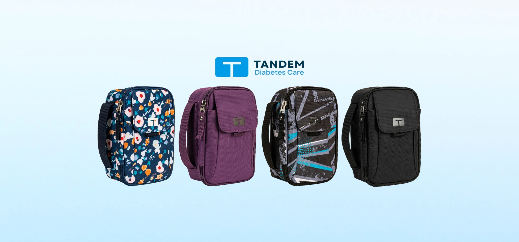 Four Tandem Diabetes Supply Cases in blue floral, purple, maddox and black.