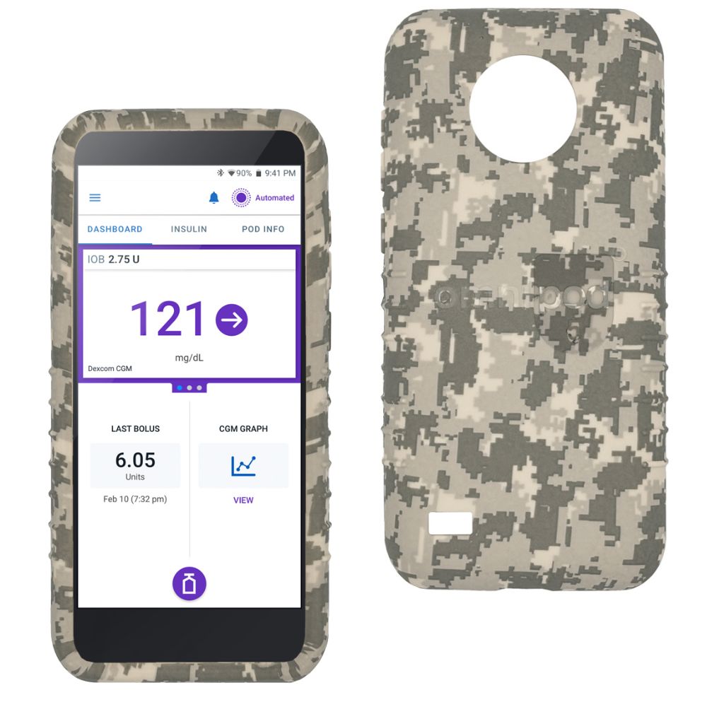 Front and back views of Omnipod gel skin case in brown camo design, showing protective cover with soft silicone texture.
