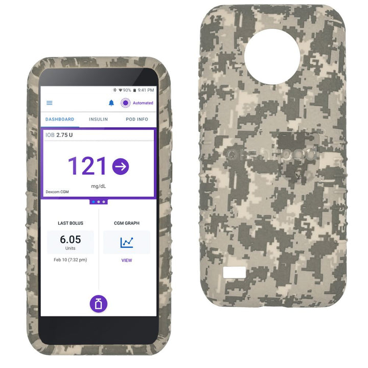 Front and back views of Omnipod gel skin case in brown camo design, showing protective cover with soft silicone texture.