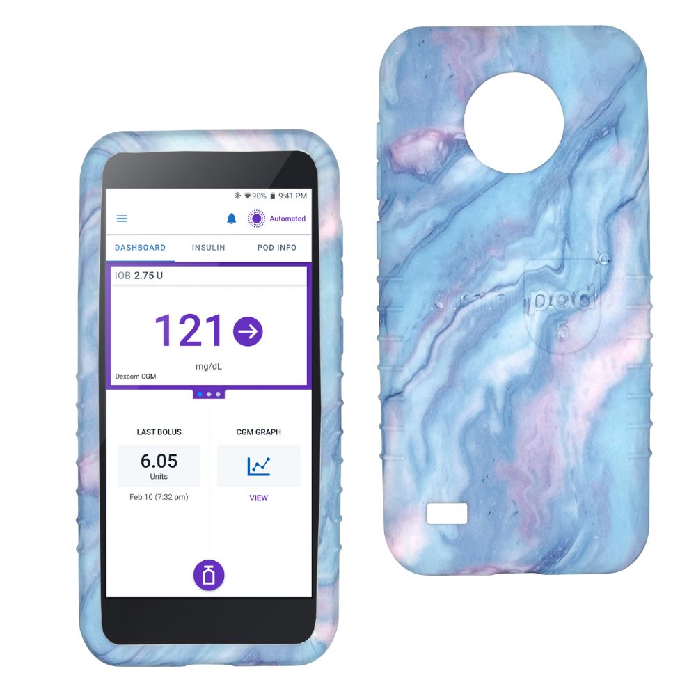 Front and back views of Omnipod gel skin case in watercolor dream design, showing protective cover with soft silicone texture.