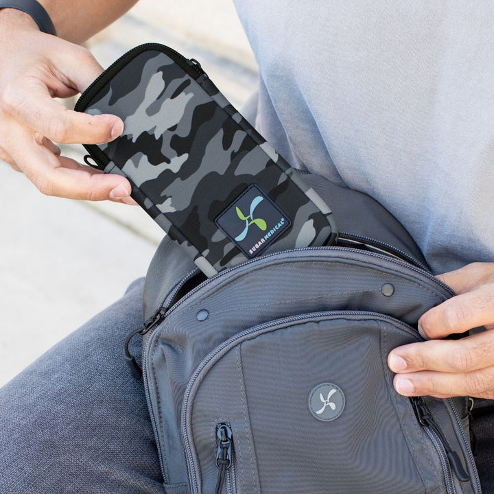 Man's hand pulling the black camo neoprene insulin pen pouch out of a grey backpack.