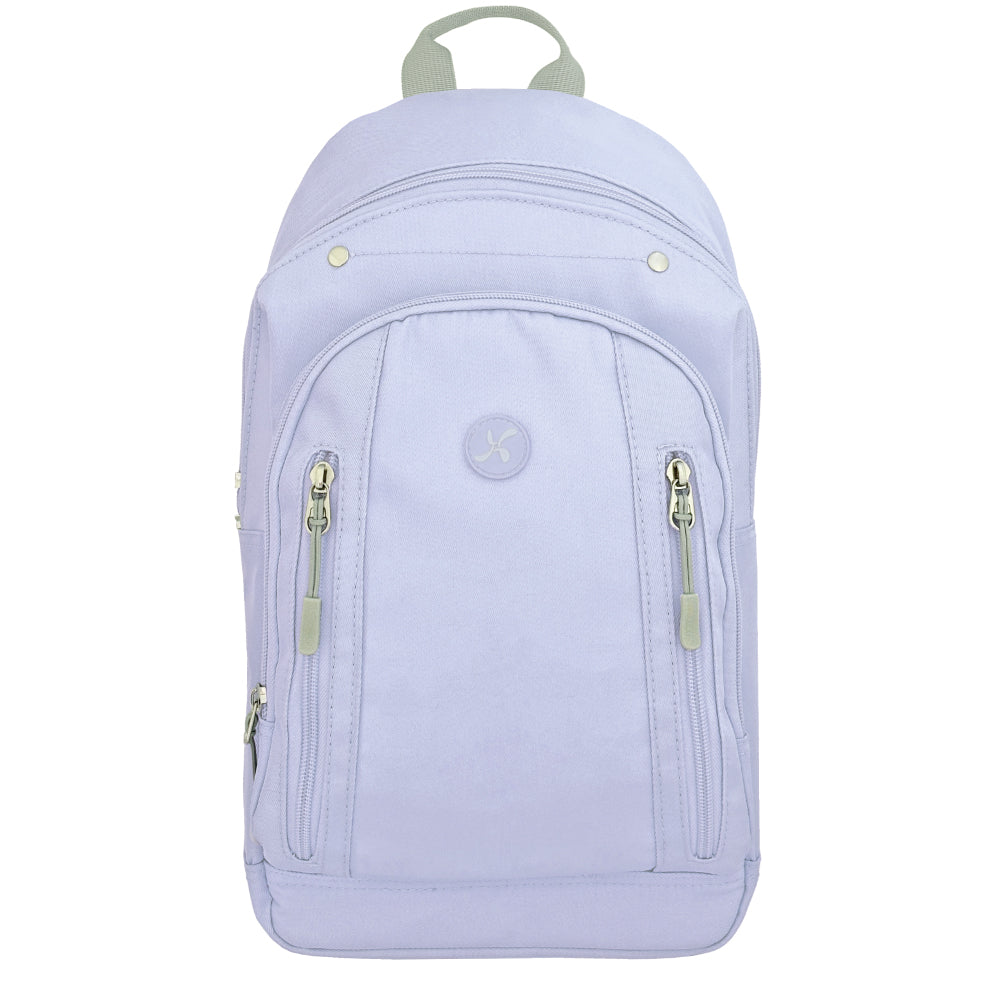 Sugar Medical Diabetes Roam Insulated Sling Backpack in purple with front pocket to organize your medical supplies and back insulated pocket to keep items cool.
