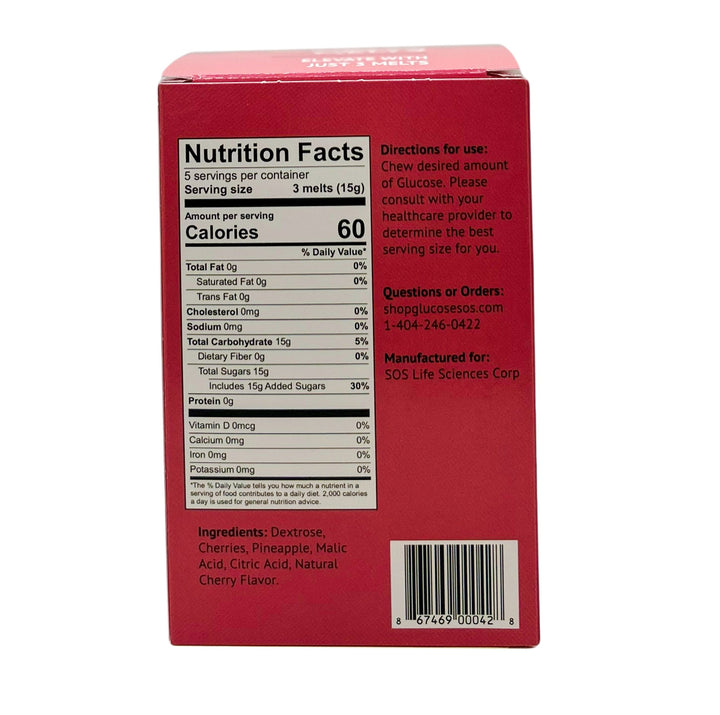 A box of Cherry Pineapple Glucose Melts showing nutrients facts, directions and glucose sos contact information.