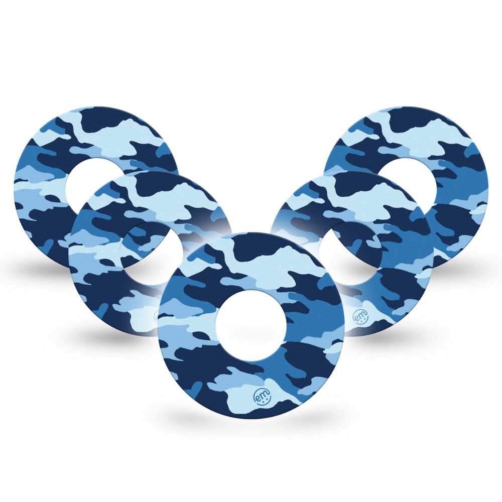 Five pack of Expression Med Infusion Set Tape with blue camo patterns.