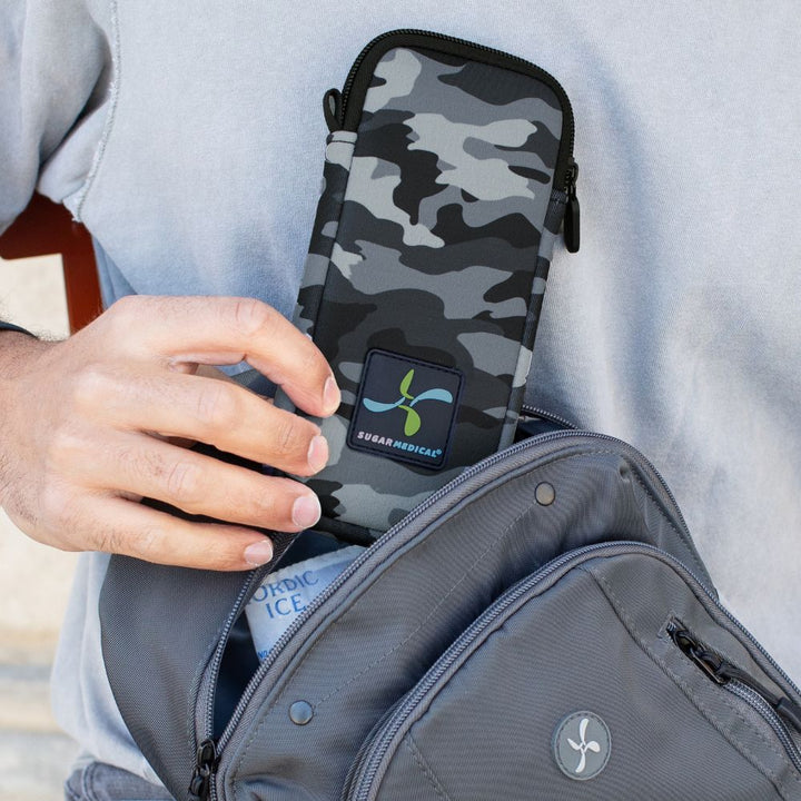 Man's hand pulling the black camo neoprene insulin pen pouch out of a grey backpack.