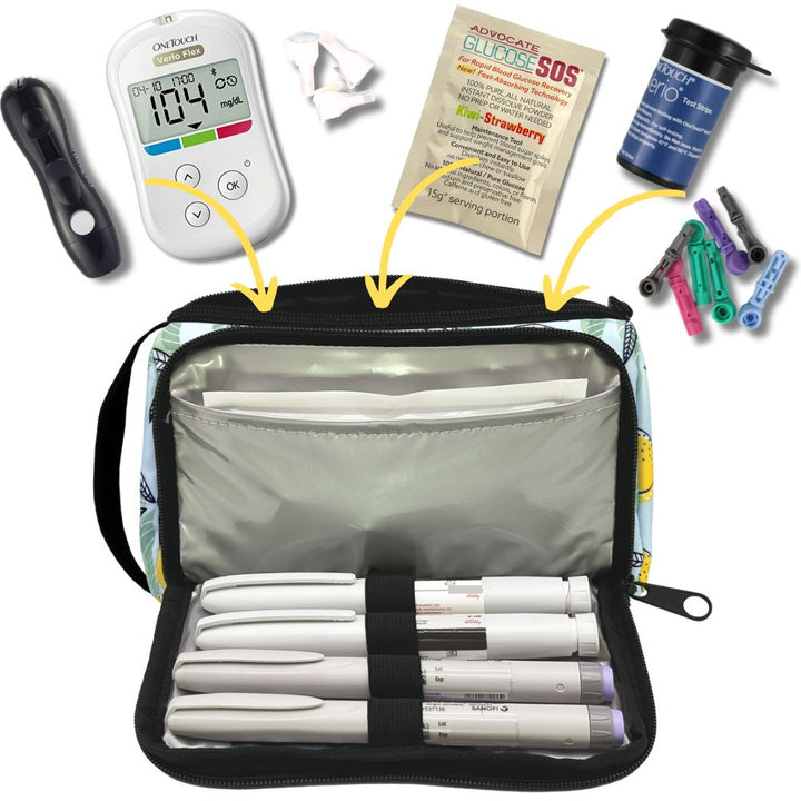 A yellow and blue lemon pattern Insulated Diabetes Insulin Supply Case with insulated pocket open and an ice pack in slip pocket and four insulin pens secured in loops.