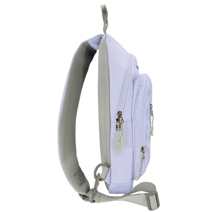 Diabetes Roam Insulated Sling Backpack in purple side with strap that can worn on your left or right shoulder.