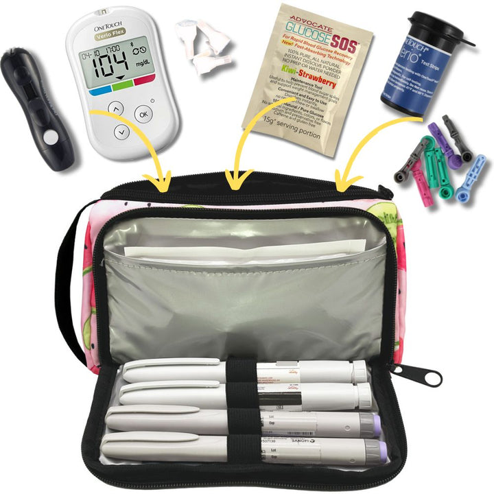 A pink watermelon pattern Insulated Diabetes Insulin Supply Case with insulated pocket open and an ice pack in slip pocket and four insulin pens secured in loops.