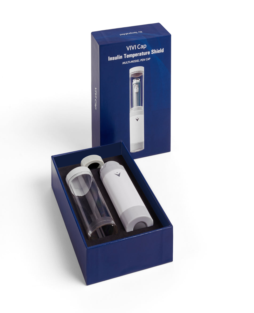 VIVI Cap open on box is a thermal insulin pen carrying case that protects you and your insulin from damage due to unsafe temperatures