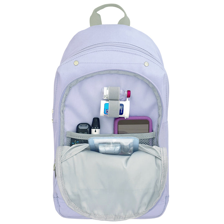 Diabetes Roam Insulated Sling Backpack in purple inside set up with glucose meter, test strips, lancet, insulin vial and Omnipod 5 PDM.