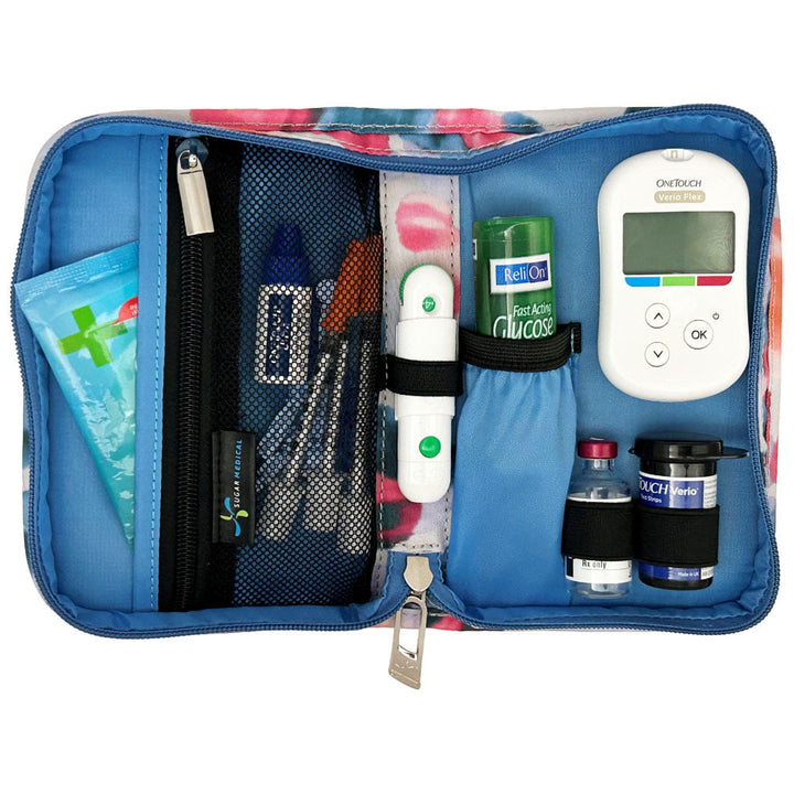Sugar Medical Diabetes Supply Case II cream with blue, purple, and pink dots inside set up with glucose meter, test strips, lancet, glucose tabs and wipes.
