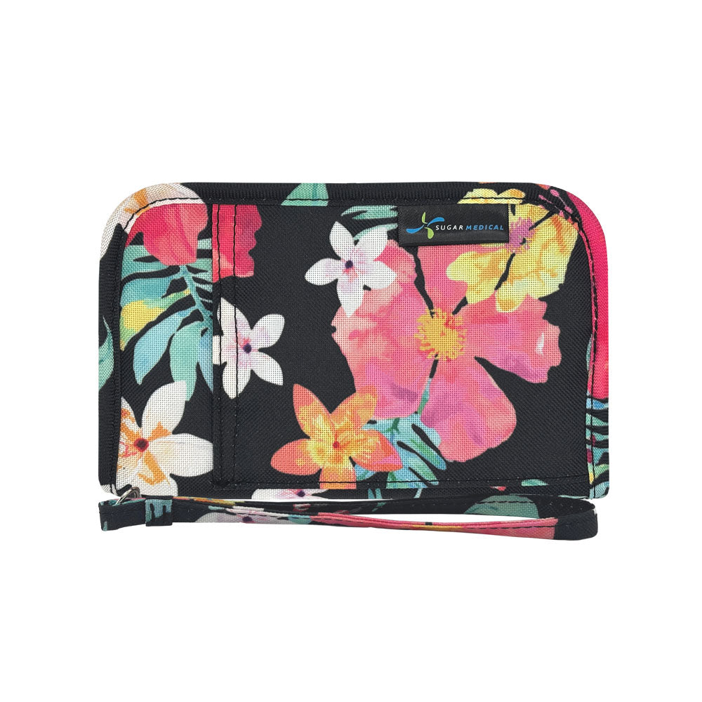 Sugar Medical Diabetes Supply Case II front that is black with colorful flowers on it.