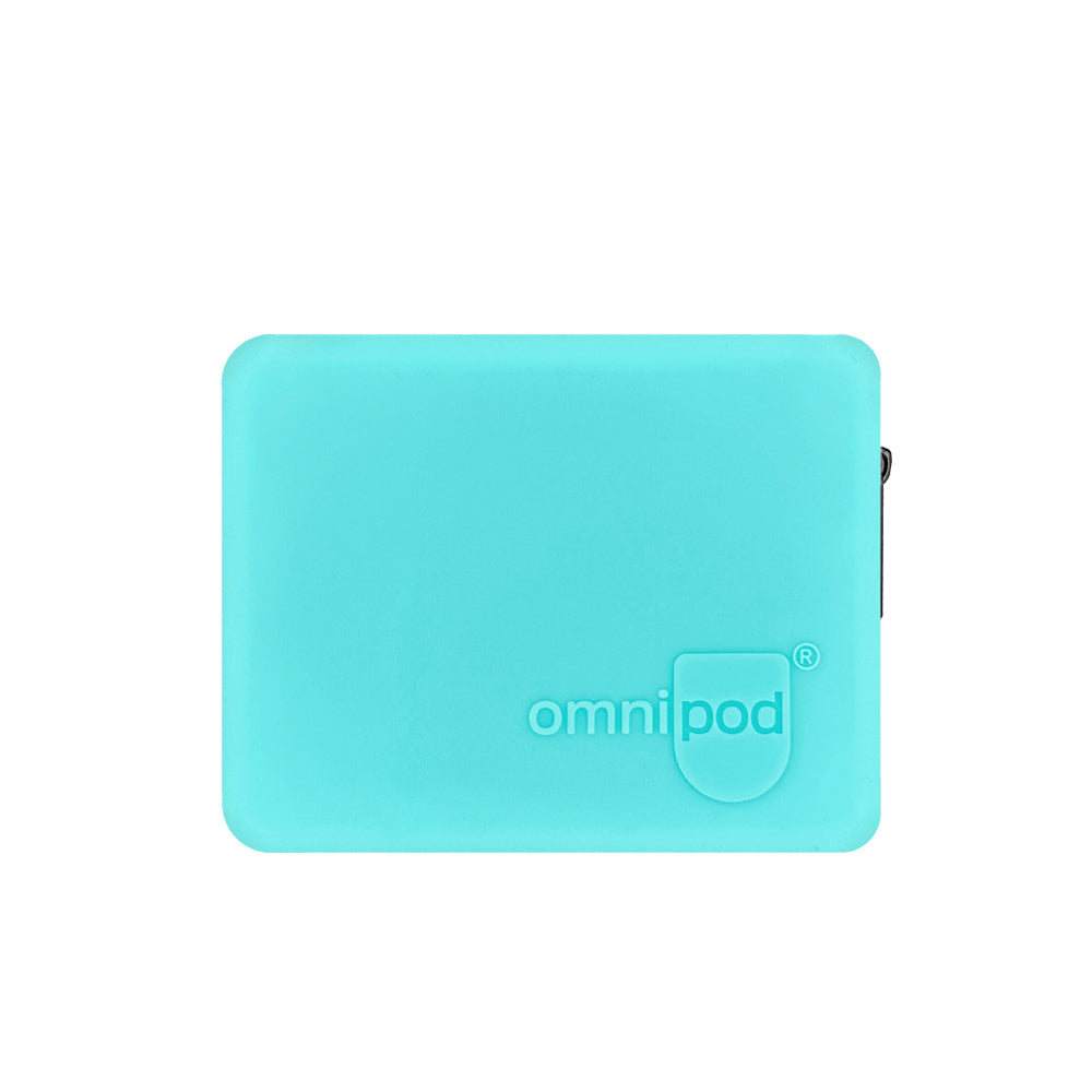 Front of the Black Omnipod® Protective Travel Case: A close-up view of the front of the aqua Omnipod® protective travel case, featuring a sleek, compact design with a zippered closure and the Omnipod® logo on the exterior.