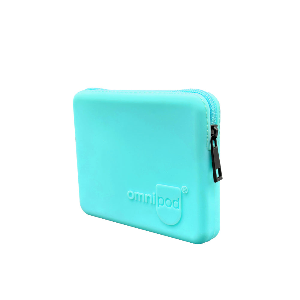 Side view of the aqua Omnipod® Protective Travel Case: A side profile of the black Omnipod® protective travel case, highlighting its slim and compact design with a zippered closure.