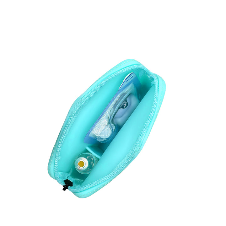 Top image showing inside of the case: A top-down view of the inside of the aqua Omnipod® protective travel case, showcasing the compartments and how items like an Omnipod® pod and insulin vial are stored in an organized manner.