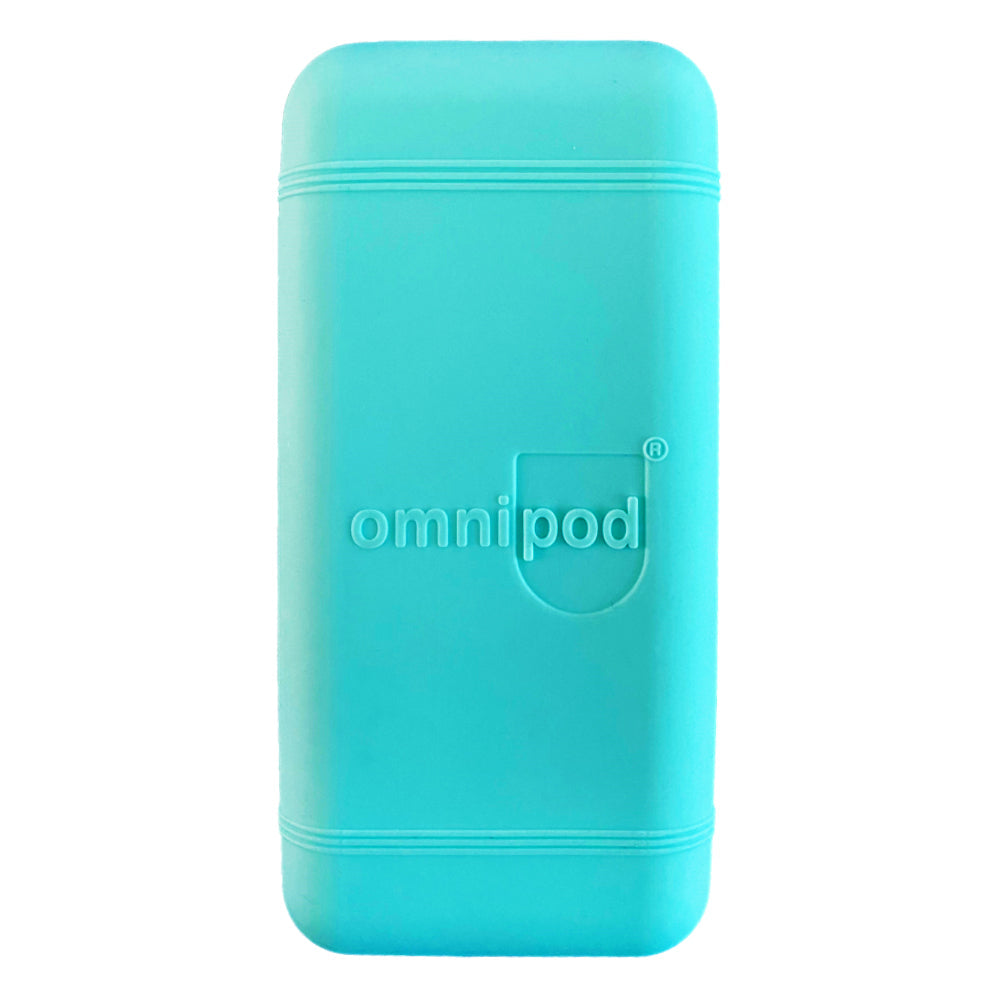 Back of an aqua Omnipod® 5 Case with Omnipod logo on it.