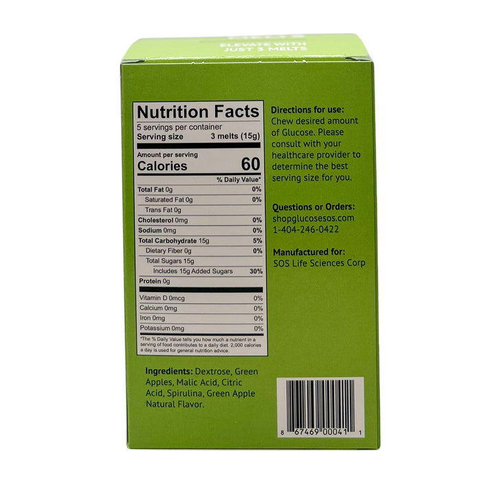 A box of Green Apple Glucose Melts showing nutrients facts, directions and glucose sos contact information.