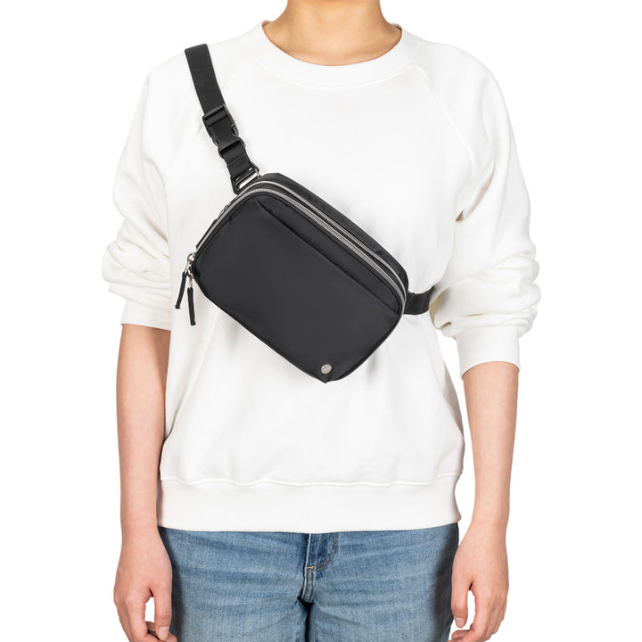 Sugar Medical Black Diabetes Nylon Belt Bag worn cross body on women.