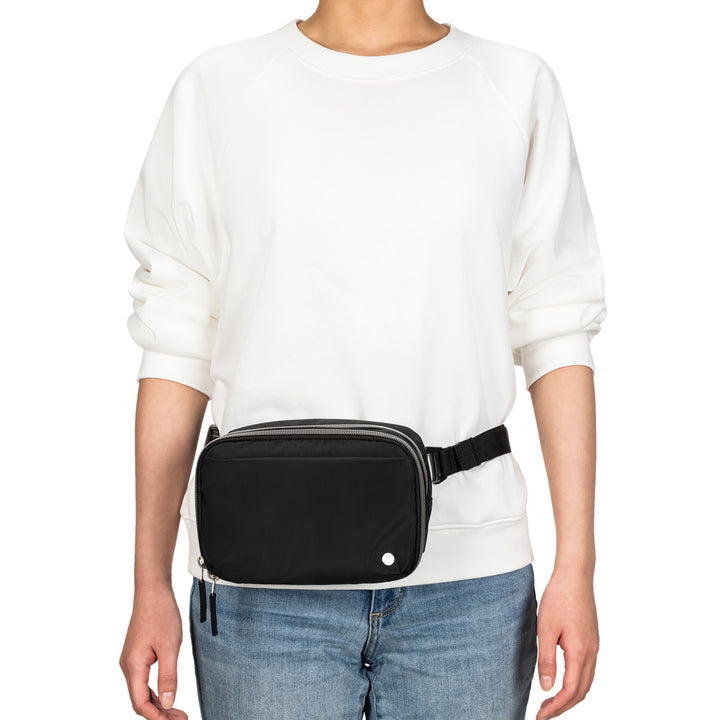 Sugar Medical Black Diabetes Nylon Belt Bag worn around waist on women.