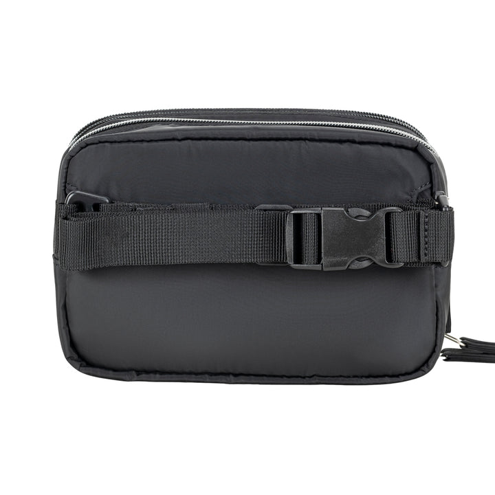 The back of the Black Diabetes Nylon Belt Bag showing the removable waist belt ranges from 23 inches to 50 inches attached.