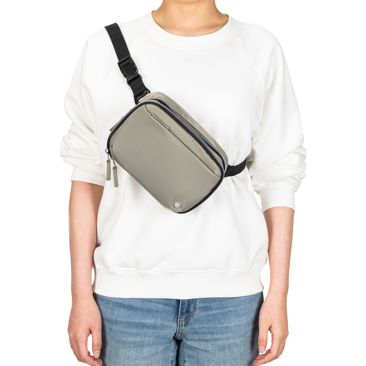 Sugar Medical Tan Diabetes Nylon Belt Bag worn cross body on women.
