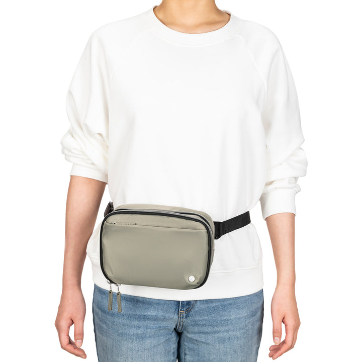 Sugar Medical Tan Diabetes Nylon Belt Bag worn around waist on women.