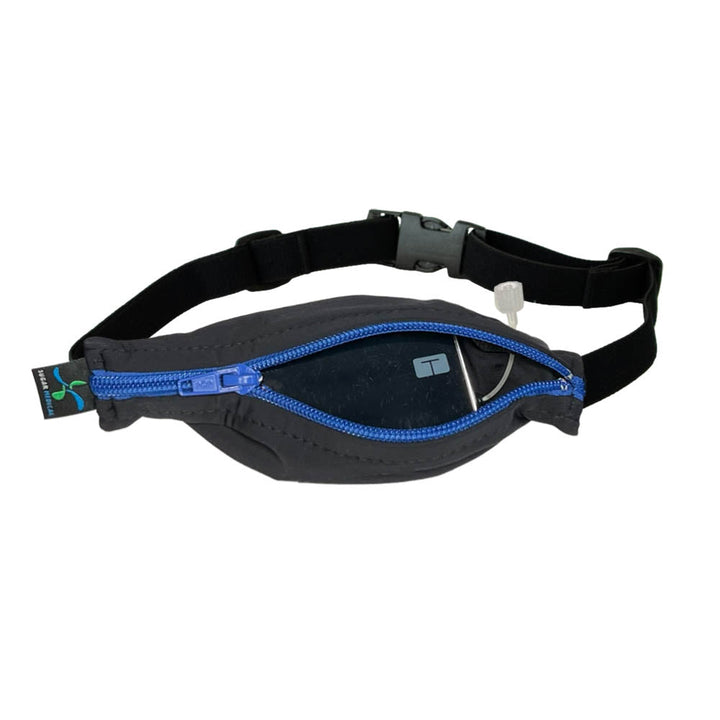 Kids black with blue zipper SPI belt open with Tandem pump inside and tubbing coming out the side hole.