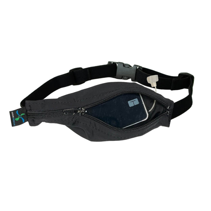 Kids black with black zipper SPI belt open with Tandem pump inside and tubbing coming out the side hole.