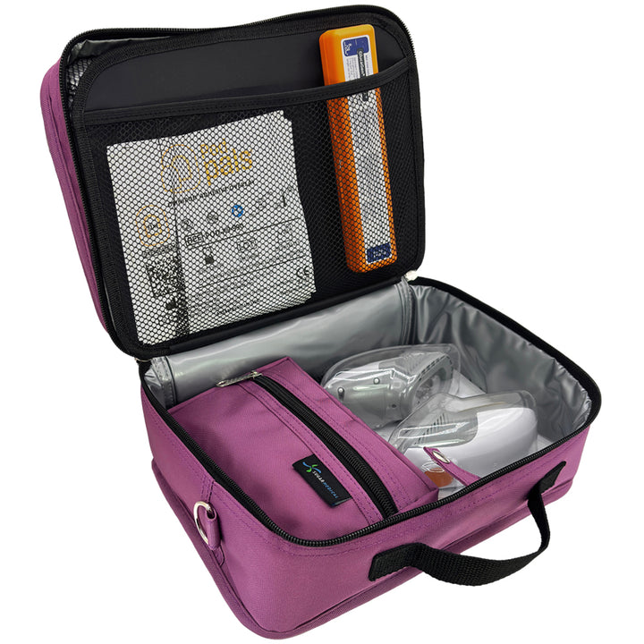 Diabetes Insulated Travel Bag in orchid compartment for a glucagon kit, Omnipod supplies, extra pods, snacks, glucose tablets, and includes a removable pouch.