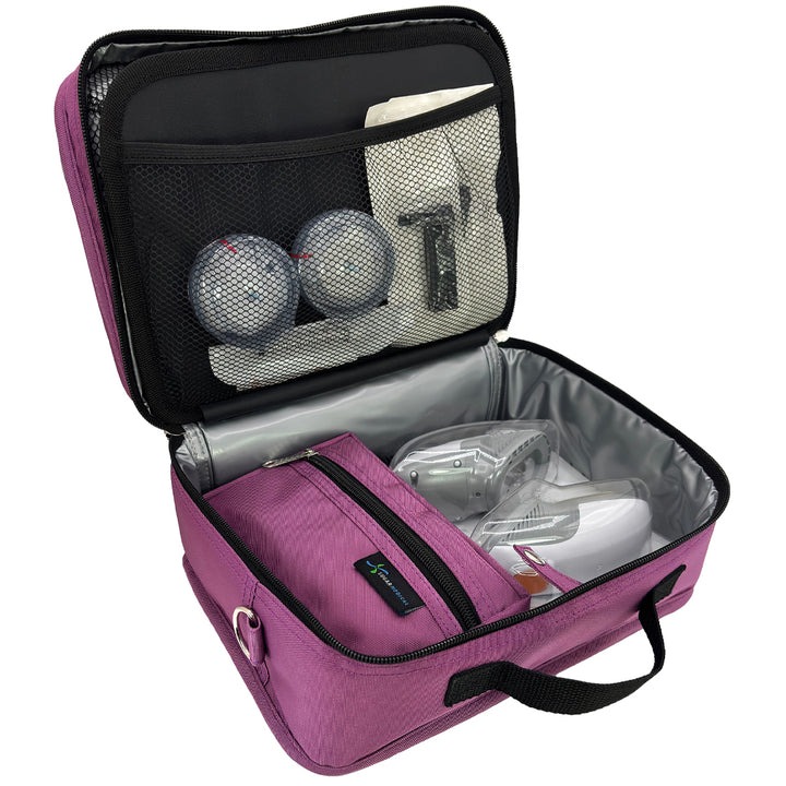 Diabetes Insulated Travel Bag in orchid back compartment for a glucagon kit, Tandem supplies, Dexcom, snacks, glucose tablets, and includes a removable pouch.