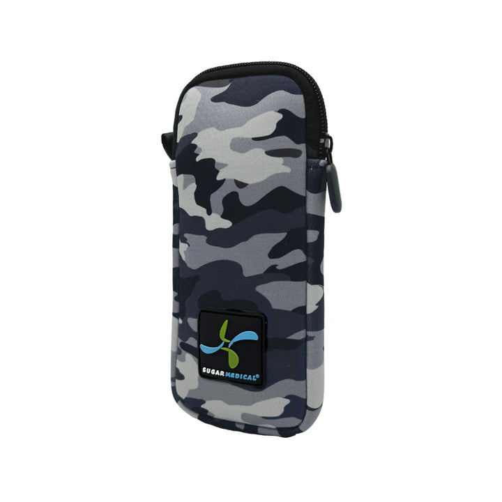 Black Camo Neoprene Insulin Pen Pouch with a black top zipper and a depth that fits small ice pack, insulin pen, glucose and more.