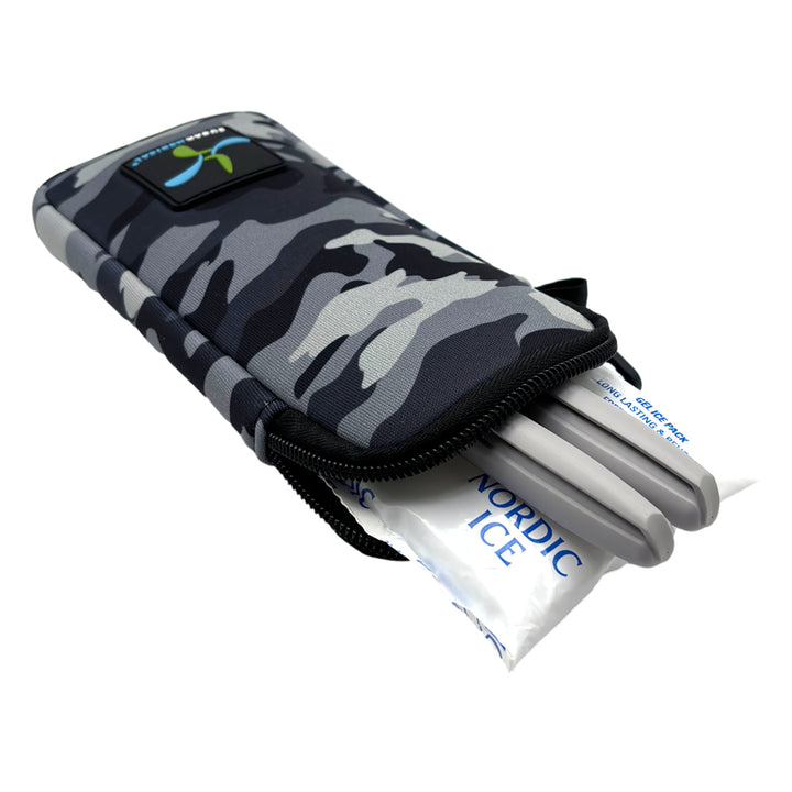 Two insulin pens and a small ice pack coming out of the top zipper of the Black Camo Neoprene Insulin Pen Pouch.