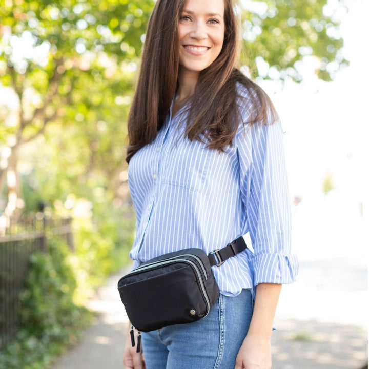 Sugar Medical Black Diabetes Nylon Belt Bag worn around waist on women.