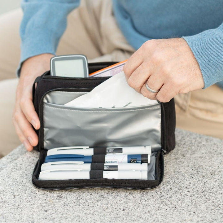 Open black Insulated Diabetes Insulin Supply Case with four insulin pens, ice pack and diabetes supplies in back zippered pocket.