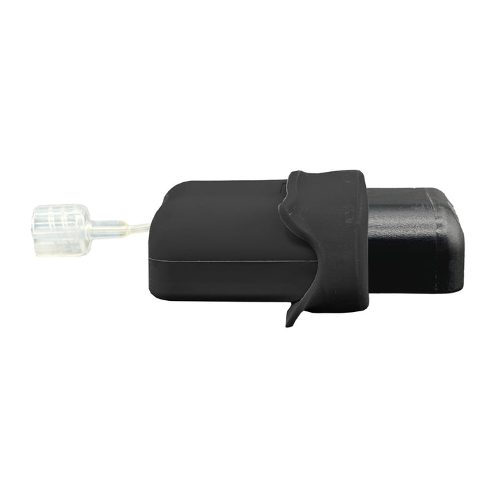 The side of the black Mobi Tandem Gel Skin pulled up on the insulin pump showing grooves for optimal grip and fold back for easy removal.