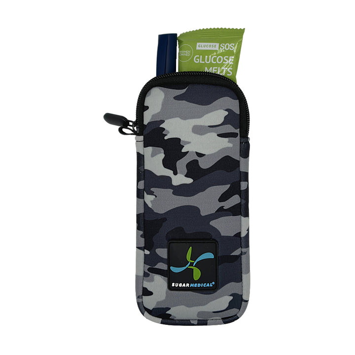 Black Camo Neoprene Insulin Pen Pouch with insulin pen and Glucose SOS melts in it.