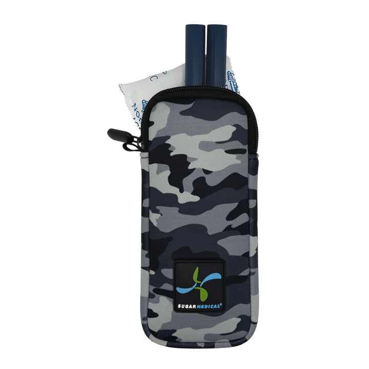Black Camo Neoprene Insulin Pen Pouch with small ice pack and two insulin pens to keep your insulin cool.