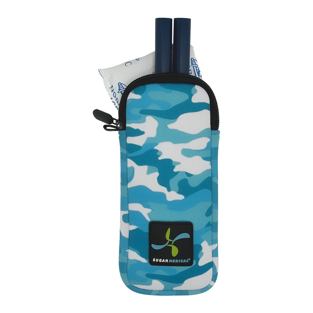 Blue Camo Neoprene Insulin Pen Pouch with small ice pack and two insulin pens to keep your insulin cool.