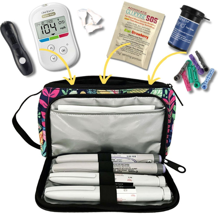 A blue floral pattern Insulated Diabetes Insulin Supply Case with insulated pocket open and an ice pack in slip pocket and four insulin pens secured in loops.