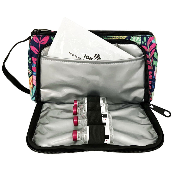 A blue floral pattern Insulated Diabetes Insulin Supply Case with insulated pocket open and an ice pack in slip pocket and four insulin vials secured in loops.