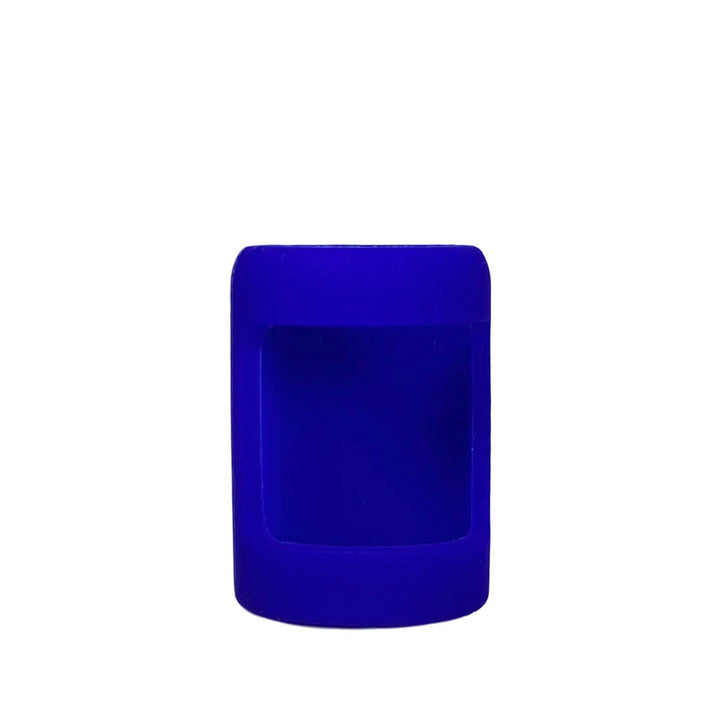 Front view of blue insulin vial silicone protective sleeve with opening for insulin vial label.