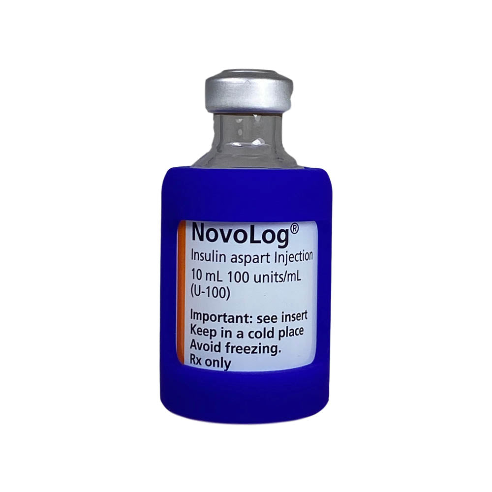 Front side of insulin vial with Blue silicone insulin vial sleeve for protection.