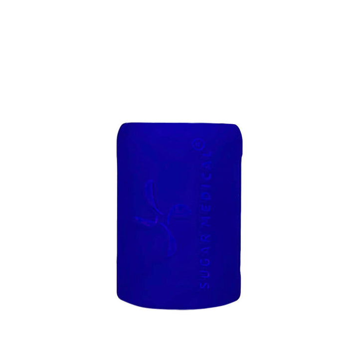 Back side view of blue insulin vial silicone protective sleeve with sugar medical logo.