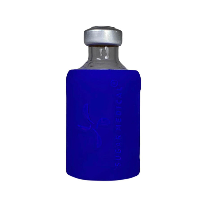 Back side of vial with blue silicone insulin vial protective sleeve with Sugar Medical Logo.