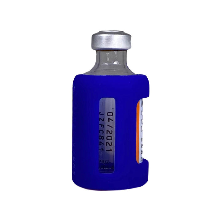 Side view of blue insulin vial silicone protective sleeve with expiration date window.