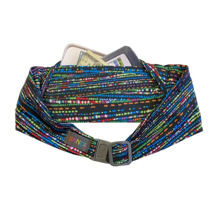 Confetti Bandi Wear Pocket Belt with phone and money coming out of the pocket.