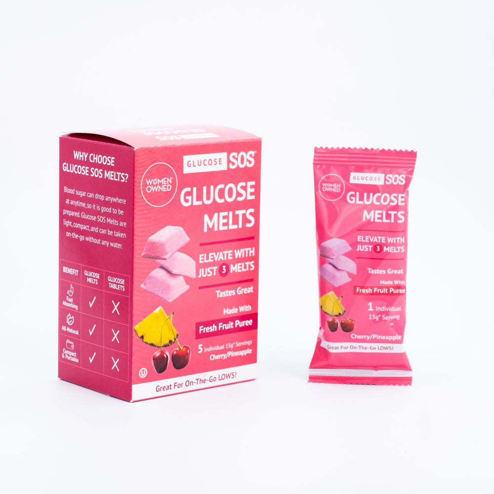 A box of Cherry Pineapple Glucose Melts with a package of melts.