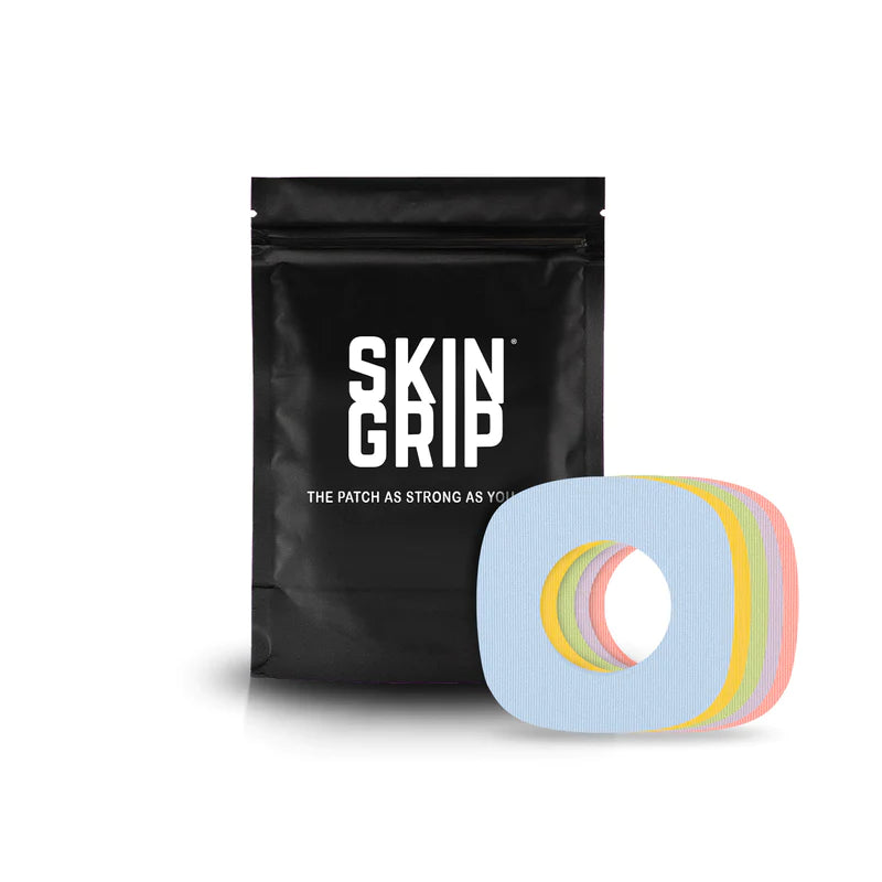A black package that says Skin Grip containing the 20 adhesive patches and the adhesive patches with hole in pastel blue, yellow, green, purple, and pink designed to go around the Dexcom G7 sensor